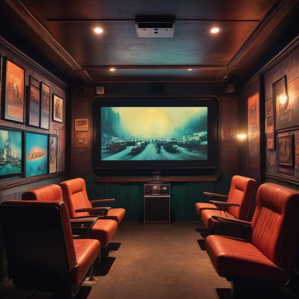 A dimly lit underground cinema with retro movie posters on the walls, plush vintage seats, and an old film projector casting an ethereal glow. In the foreground, add futuristic holographic screens showing scenes from classic films. super-realistic. vibrant colors. moody lighting.