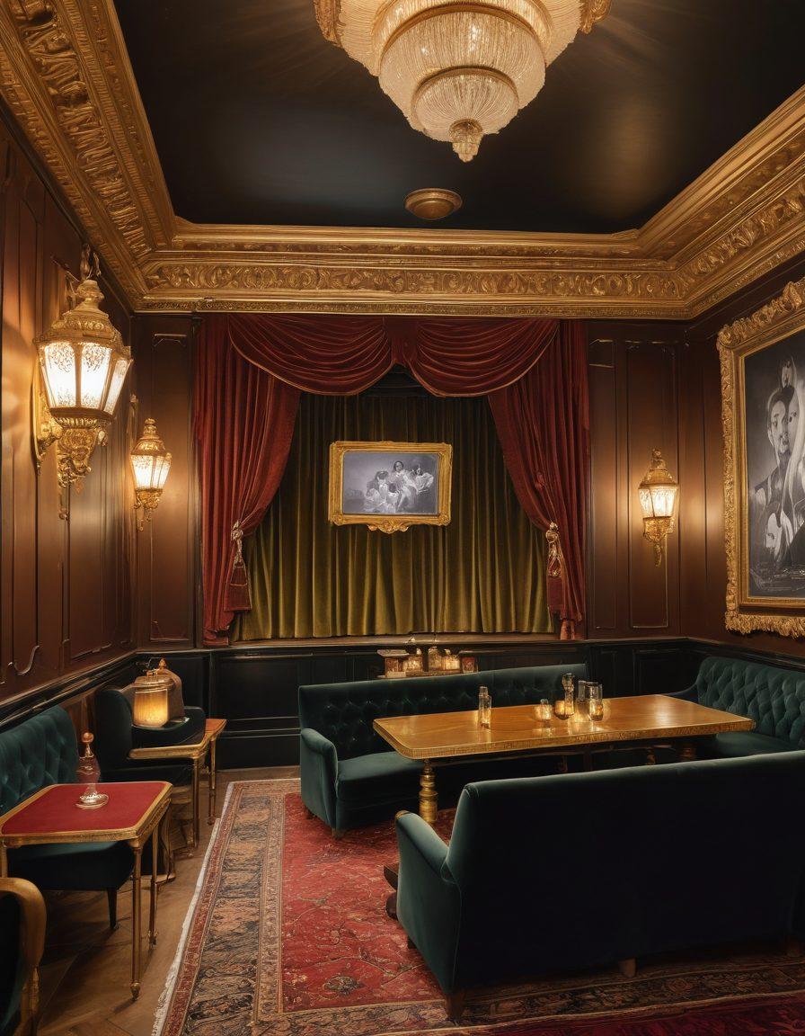 An enchanting, dimly lit vintage cinema with plush velvet seats and golden ornate decorations, a small crowd absorbed in a black-and-white classic movie projected on a large screen. Warm glowing lanterns create a cozy ambience, while a mysterious film reel lies on an antique wooden table. painting. vibrant colors.