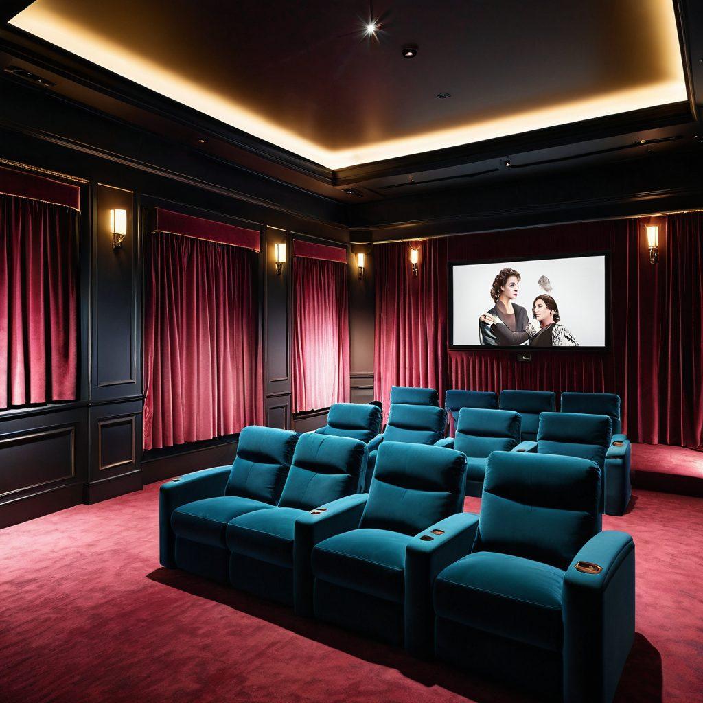 A luxurious private cinema room with plush, reclining seats in deep velvet, a massive screen showing a classic film scene, ambient lighting creating an intimate atmosphere, and a small group of elegantly dressed people enjoying the screening. super-realistic. vibrant colors. cinematic lighting.